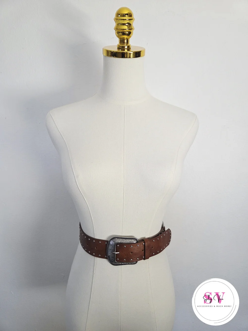 Brown Studded Leather Belt with Silver Buckle